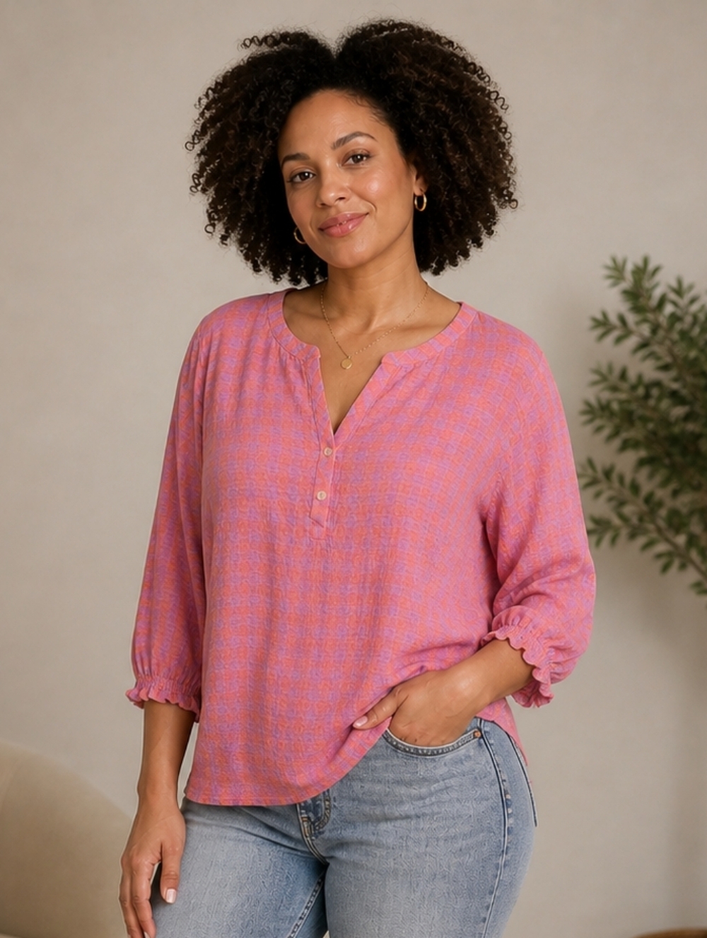 J. Jill Pink and Orange Plaid Henley Tunic Medium NWOT